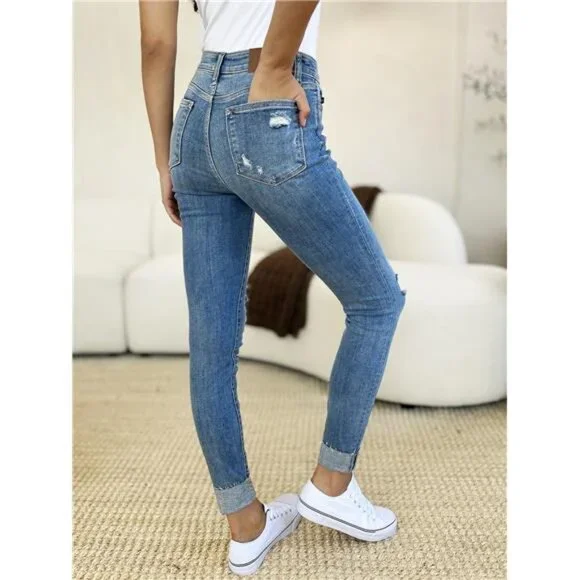 🔥 NWT Judy Blue Mid Rise Destroy & Cuff Skinny Jeans, Regular + Plus Sizes - Picture 5 of 9